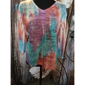 Jess & Jane Top Size S Floral Embellished Lightweight Burnout Artsy Beach